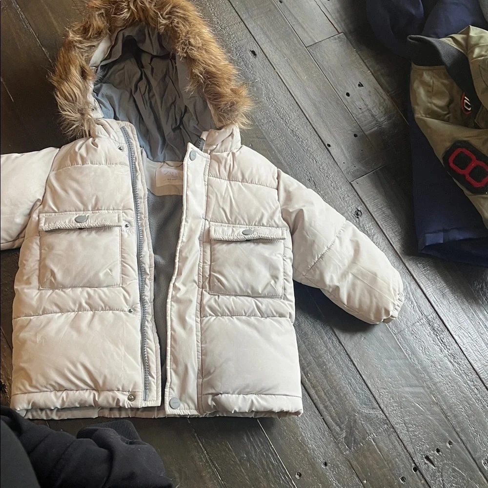 Zara Kids Beige Puffer Jacket with Faux Fur Hood